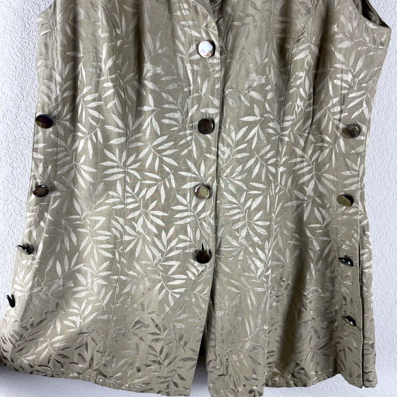 Vintage Escada Vest Women 40 Beige Margaretha Ley Button Front Leaf Print Silky - Picture 3 of 10
